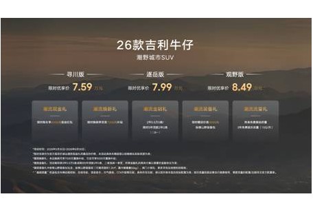城市好开，旷野好玩，2026款吉利牛仔限时优享价7.59万元起正式上市，就是年轻人的第一台潮野城市SUV